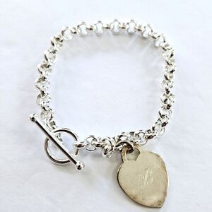 Sterling Silver Signed 925 OTO Toggle Clasp Monogramed "B" Heart Charm Bracelet